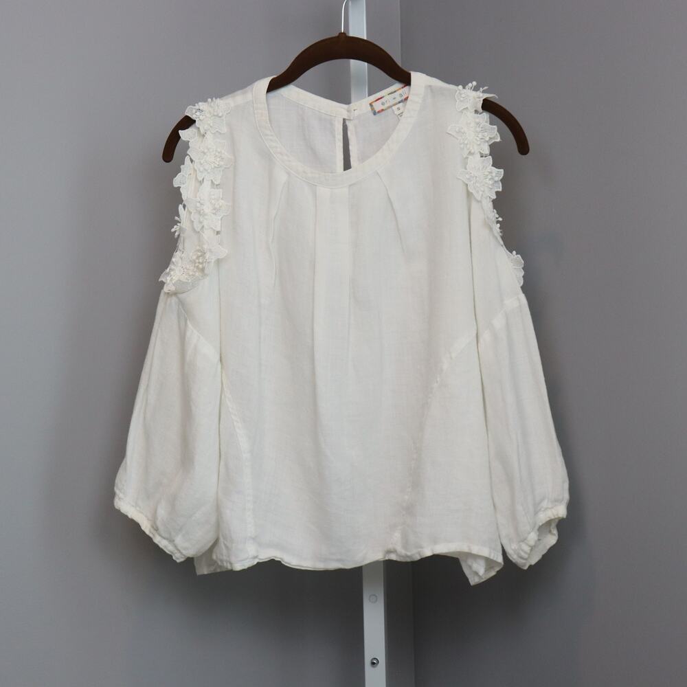 Eri + Ali‎ White Linen Cold Shoulder Blouse Small